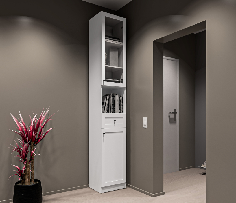 Прямые, Стеллаж Твин СБ-3372 Белый со стеклом и открытой полкой