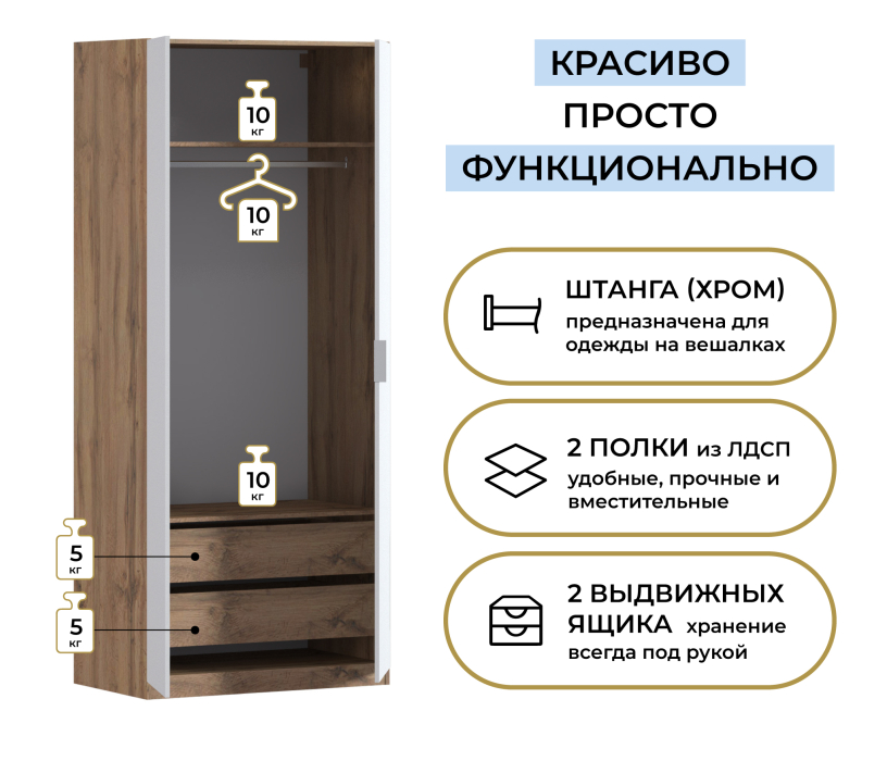 В спальню, Шкаф двухдверный Макс 1000 мм, вариант №3 (ЛДСП, корпус дуб вотан)