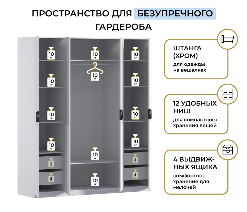 Для одежды, Шкаф четырехдверный Макс 2000 мм, вариант №2 (ЛДСП/МДФ)