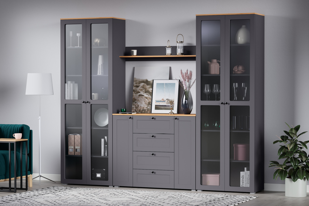 , Шкаф-витрина Остин 16.394.02, серый графит, дуб золотой крафт