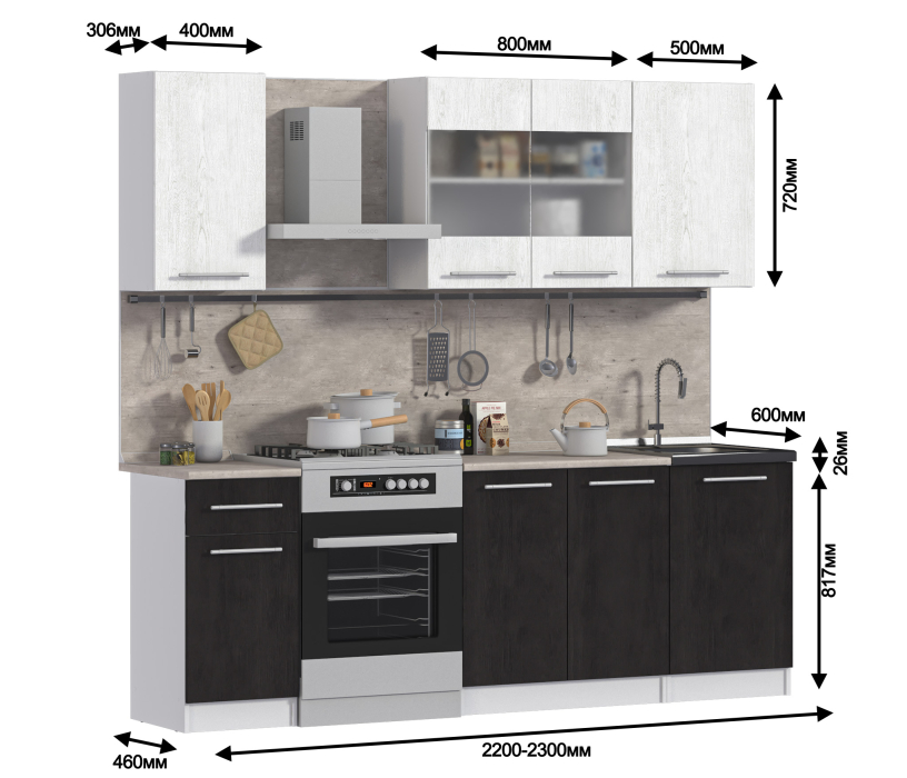 Кухонные гарнитуры, Кухонный гарнитур Элен Белый/Дуб Планк,Дуб Мажор/МетрополитанR5 1,7 м
