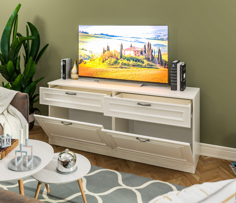 ТВ-тумбы, Тумба под телевизор Гранд / Ливерпуль СБ-3519 Дуб Приморский Белый/МДФ Классика Светлый