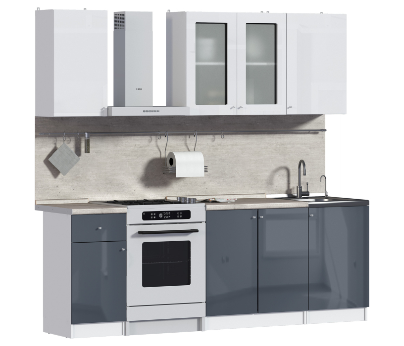 Кухонные гарнитуры, Кухонный гарнитур Катя Белый/МДФ Белый глянец,Графит глянец/МетрополитанR5