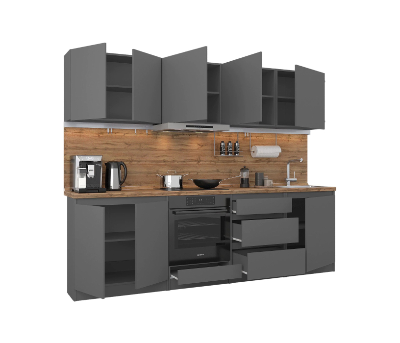 Кухонные гарнитуры, Кухонный гарнитур Леон прямой 260 см, диамант серый