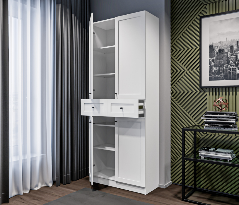 Прямые, Стеллаж Твин СБ-3373 Белый с глухими фасадами и ящиком