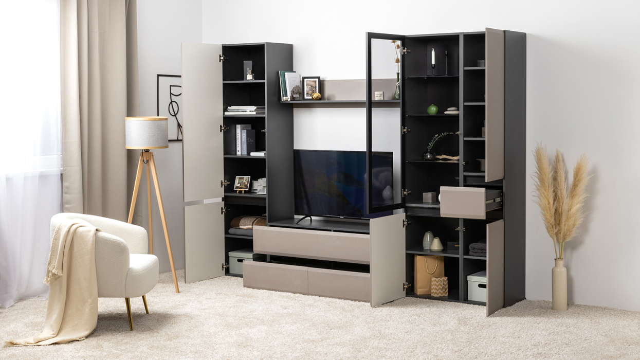 Шкафы распашные, Шкаф Сидней 13.200, антрацит, веллюто капучино