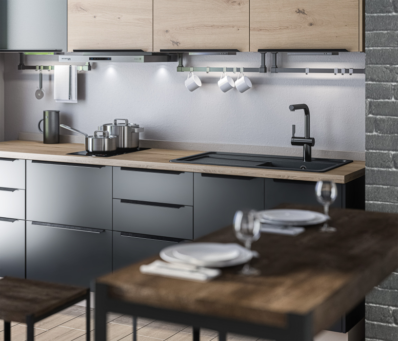 Кухня 2 метра, Кухонный гарнитур ЛОФТ Регина Песочный/Диамант серый, Дуб дикий 2,4 м