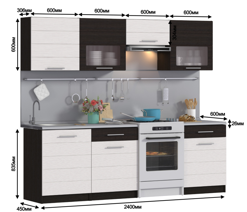 Кухонные гарнитуры, Кухонный гарнитур Милена Дуб Феррара/Онденс/Венге 2,4 м