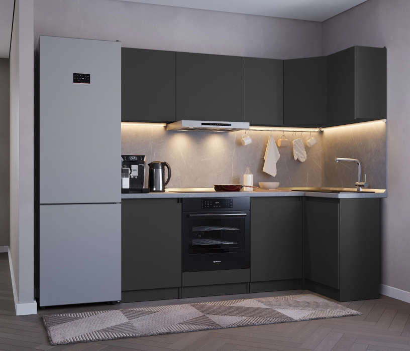 Кухонные гарнитуры, Кухонный гарнитур Леон угловой 210х100 см, диамант серый